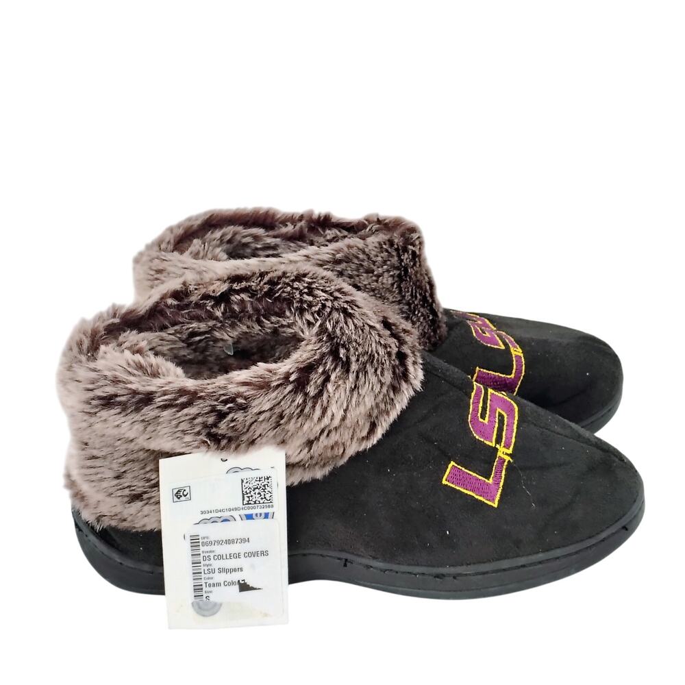 LSU Embroidered Women Small 5/6 Black Fur House Slippers NEW College Football